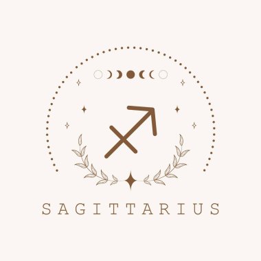 Yay burcu. Boho tarzında Zodiac işareti. Astrolojik simge beyaz arkaplanda izole edilmiş. Gizemli ve esrarengiz. Yıldız falı logosu çizimi. Ruhani tarot kartı.