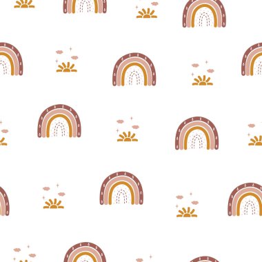 Soyut gökkuşağı ve güneş ile kusursuz bir desen. Duvar kağıdı ve ev dekorasyonu için çağdaş tasarım. Boho tarzında modern vektör illüstrasyonu