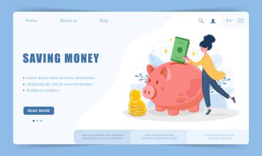 Para biriktirme kavramı. İniş sayfası şablonu. Kadın kumbaraya para koyuyor. Gelecekteki yatırımlar. Finansal sembol. Bankacılık ya da iş hizmetleri. Çizgi film tarzında vektör illüstrasyonu
