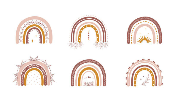 Радуги в стиле бохо с листьями и цветами. Чешские иллюстрации к праздникам. Скандальный дизайн обоев и домашнего декора. Современная векторная иллюстрация разного цвета