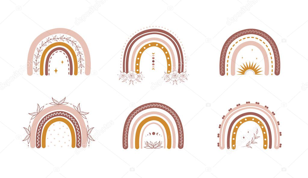 Rainbows in boho style with leaves and flowers. Bohemian illustrations for holidays. Scandinavian design for wallpaper and home decor. Modern vector illustration in different color