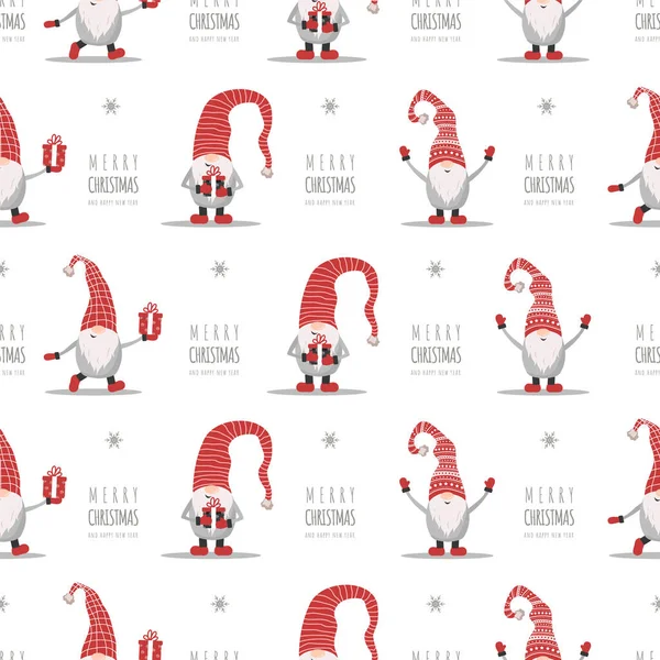 Kerst patroon met kabouters in rode hoeden. Leuke Scandinavische elfen. Vector illustratie in cartoon stijl. Nieuwjaarsontwerp voor inpakpapier, textiel, stof — Stockvector