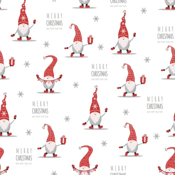 Christmas pattern with gnomes in red hats. Cute scandinavian elves. Vector illustration in cartoon style. New year design for wrapping paper, textiles, fabric — Stock Vector