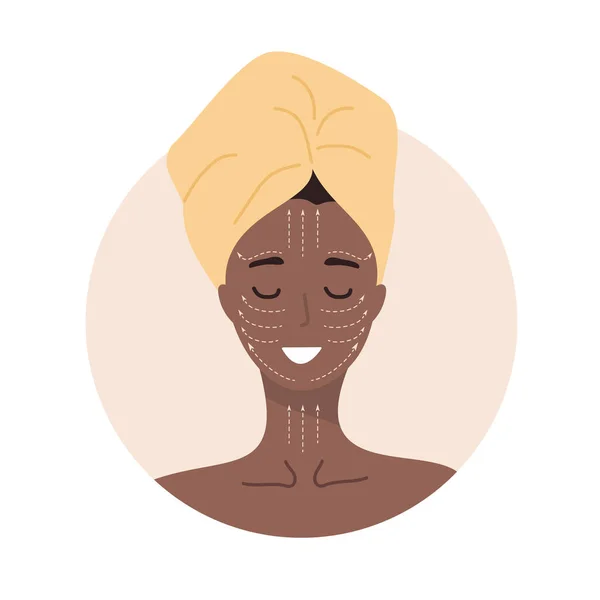 Massaggio facciale. Ritratto donna africana con schema di massaggio linfatico. La routine mattutina. Il concetto di cura della pelle. Illustrazione vettoriale in stile fumetto piatto — Vettoriale Stock