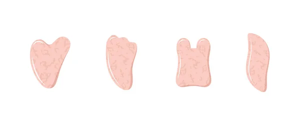 Gua sha-skrapa för ansiktsmassage. Kollektion av olika form naturliga rosa kvarts stenar. Hudvård, hem skönhetsingrepp och morgon rutin. Vektor illustration i platt tecknad stil — Stock vektor