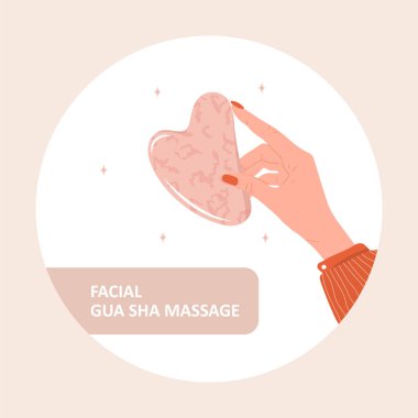 Yüz masajı için Gua sha kazıyıcı. Kadın eli, doğal pembe kuvars taşını tutuyor. Moda güzellik tedavisi. SPA için cilt bakım ekipmanı. Çizgi film tarzında vektör illüstrasyonu