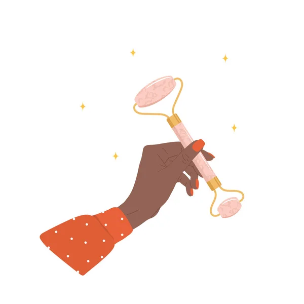 Rodillo facial de cuarzo. Mano femenina africana sosteniendo piedra de cuarzo rosa natural para masaje gua sha. Tratamiento de belleza de moda. Equipo de cuidado de la piel para SPA. Ilustración vectorial en estilo plano de dibujos animados — Vector de stock
