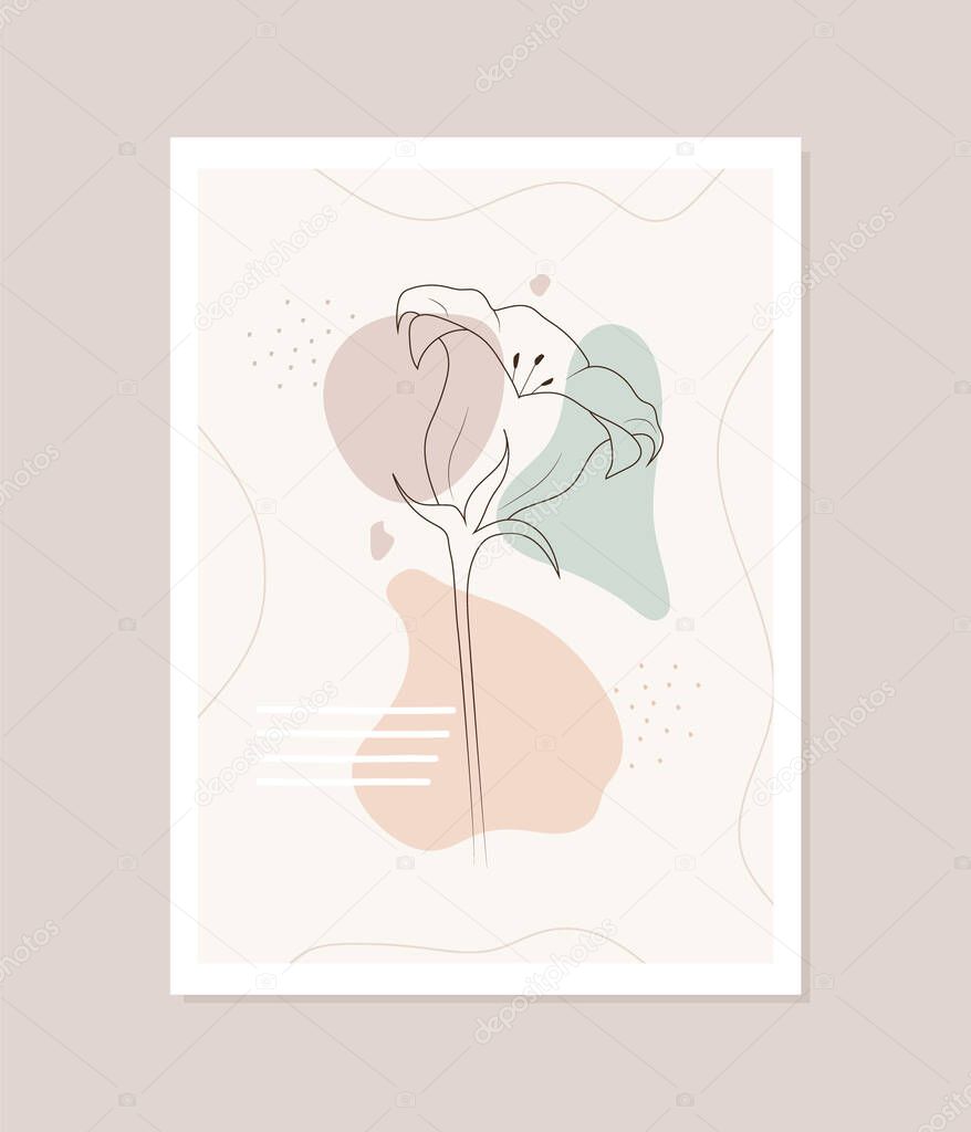 Contemporary flower poster. Hand drawn abstract botanical elements. Minimal interior design and natural wall art. Modern vector illustration