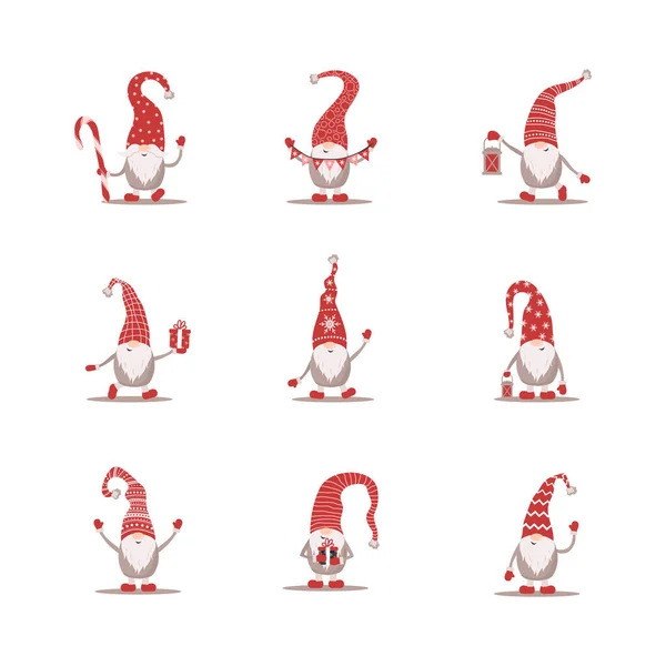 Niedliche Gnome in roten Weihnachtsmützen auf weißem Hintergrund. Skandinavische Weihnachtselfen. Vektorillustration im flachen Cartoon-Stil. Nordisches Elementdesign für Grußkarten, Saisongrüße, Web, Verpackung — Stockvektor