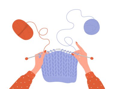 Örgü işi. İplik yumağı. İğneli ve iplikli kadın elleri. İş yerinin en iyi manzarası. Terzi dükkanları. Düz çizgi film tarzında elle çizilmiş vektör çizimi