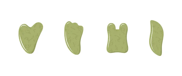 Gua sha rascador para masaje facial. Colección de piedras de nefrita verde natural de diferentes formas. Cuidado de la piel, procedimientos de belleza en el hogar y rutina matutina. Ilustración vectorial en estilo plano de dibujos animados — Vector de stock