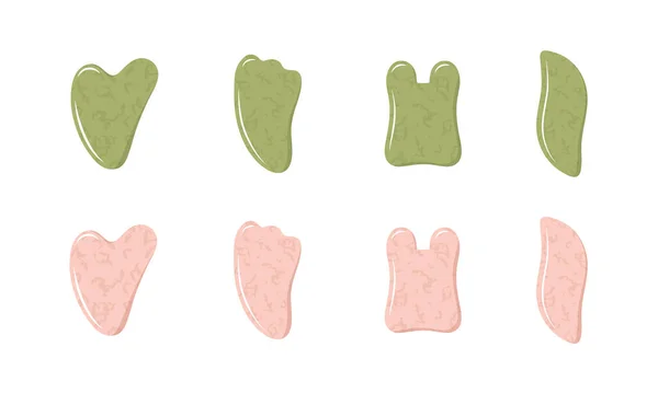 Gua sha para masaje facial. Colección de diferentes formas de cuarzo rosa natural y piedras de nefrita verde. Cuidado de la piel y rutina matutina. Ilustración vectorial en estilo plano de dibujos animados — Archivo Imágenes Vectoriales