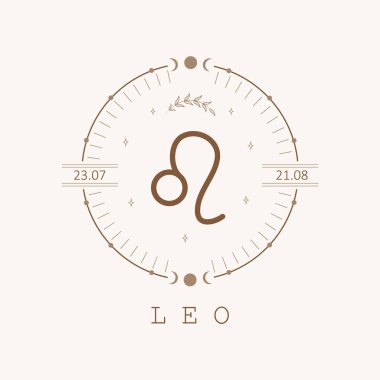 Leo! Boho tarzında Zodiac işareti. Astrolojik simge beyaz arkaplanda izole edilmiş. Gizemli ve esrarengiz. Yıldız falı logosu çizimi. Ruhani tarot kartı.