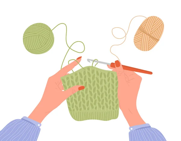 Crochet knitting process. Female hands with hook and thread. Balls of yarn. Top view of the workplace. Tailor shop elements. Hand drawn vector illustration in flat cartoon style — Stock Vector