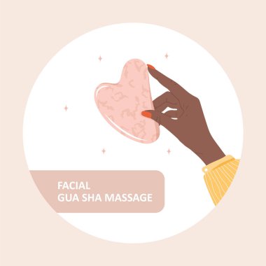 Yüz masajı için Gua sha kazıyıcı. Doğal pembe kuvars taşı tutan Afrikalı bir kadın el. Moda güzellik tedavisi. SPA için cilt bakım ekipmanı. Çizgi film tarzında vektör illüstrasyonu