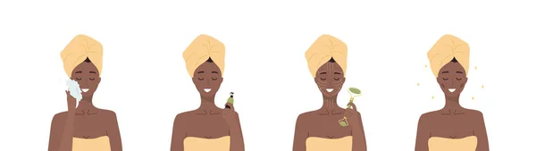 Pasos de masaje facial. Mujer africana hacer procedimientos de spa cosméticos para la cara con rodillo de nefrita de jade. Rutina. Concepto de cuidado de la piel. Productos orgánicos. Ilustración vectorial en estilo plano de dibujos animados — Archivo Imágenes Vectoriales