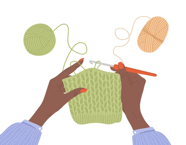 Crochet knitting process. African female hands with hook and thread. Balls of yarn. Top view of the workplace. Tailor shop elements. Hand drawn vector illustration in flat cartoon style — Stock Vector