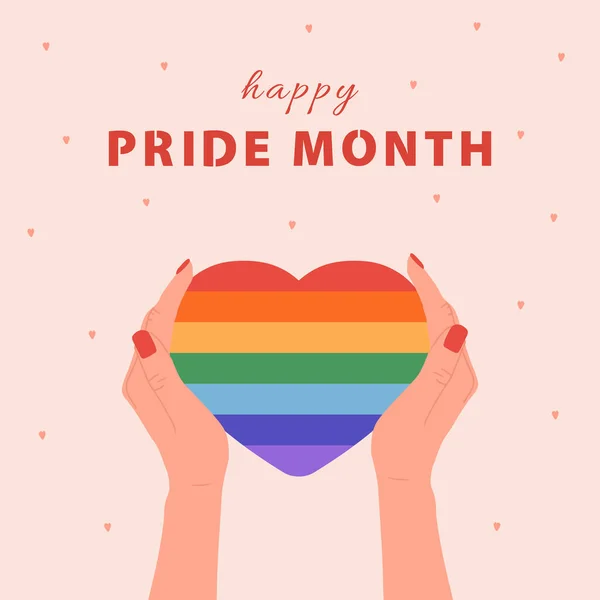 Happy Pride Month konceptet. Bögparad. Kvinnlig hand som håller HBTQ-regnbågens hjärta. Vektor illustration i platt tecknad stil. Post, kort eller banderoll för sociala medier — Stock vektor