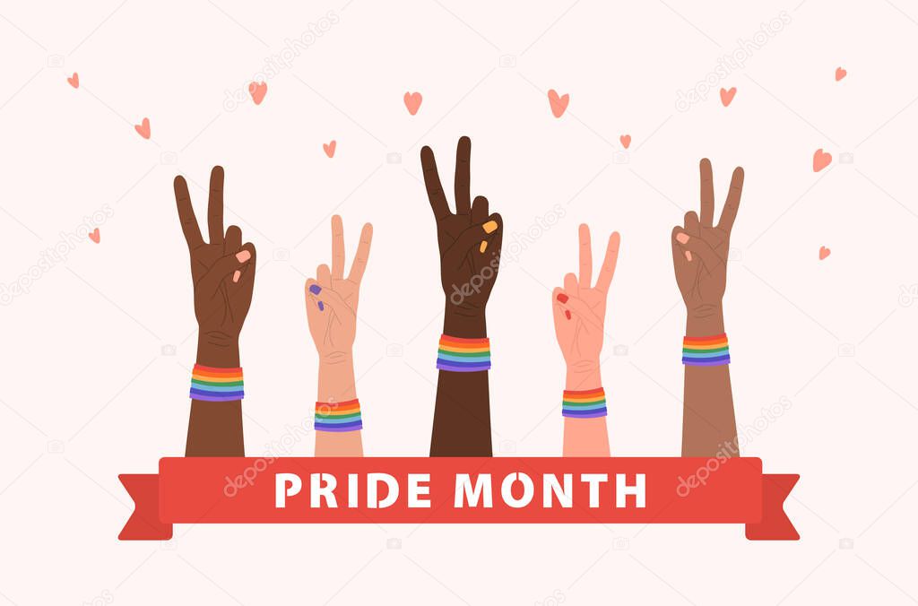 Female hand in peace gesture with rainbow bands. Happy Pride Month concept. Gay parade element. LGBT rights. Vector illustration in flat cartoon style. Social media post, card or banner