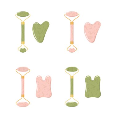 Yüz masajı için gua sha kazıyıcı ve yeşim taşı. Farklı şekillerde doğal pembe kuvars ve yeşil kuştaşı koleksiyonu. Deri bakımı konsepti. Çizgi film tarzında vektör illüstrasyonu
