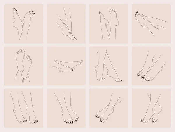 Weibliche Füße umreißen isoliert auf weißem Hintergrund. Pediküre. Vector Illustration eleganter Frauenbeine in einem trendigen Lineart-Stil. Designelement für Web-Icons, Nagelstudio oder Wellness-Salon-Logo — Stockvektor