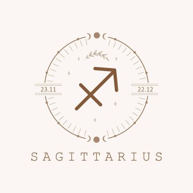 Yay burcu. Boho tarzında Zodiac işareti. Astrolojik simge beyaz arkaplanda izole edilmiş. Gizemli ve esrarengiz. Yıldız falı logosu çizimi. Ruhani tarot kartı.