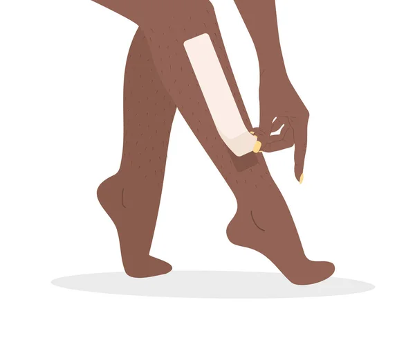 Hair removal. Wax strips epilation. Perfect smooth african female legs. Vector illustration in flat cartoon style. Skin care concept — Διανυσματικό Αρχείο
