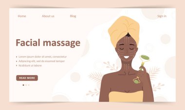 Facial massage and skin care concept. Landing page template. African woman do cosmetic spa procedures for face with jade roller. Morning routine. Vector illustration in flat cartoon style