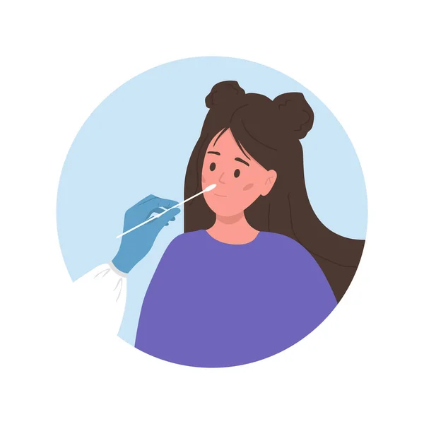 Woman does PCR test. Nasal swab laboratory analysis. Covid-19 Coronavirus testing. Doctor takes swab. Vector illustration in flat cartoon style — Vetor de Stock