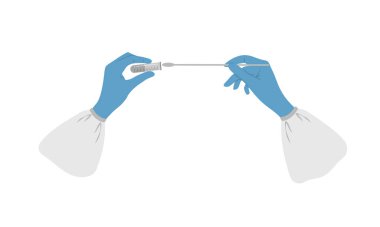 PCR test. Hands in medical gloves hold test tube with sample. Nasal swab laboratory analysis of biomaterial. Covid-19 Coronavirus testing for antibodies. Vector illustration in flat cartoon style