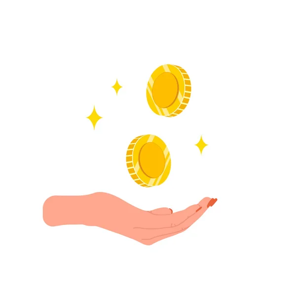 Ahorra dinero concepto. Mano femenina sosteniendo monedas de oro. Inversiones en el futuro. Símbolo financiero. Servicios bancarios o empresariales. Ilustración vectorial en estilo plano de dibujos animados — Archivo Imágenes Vectoriales