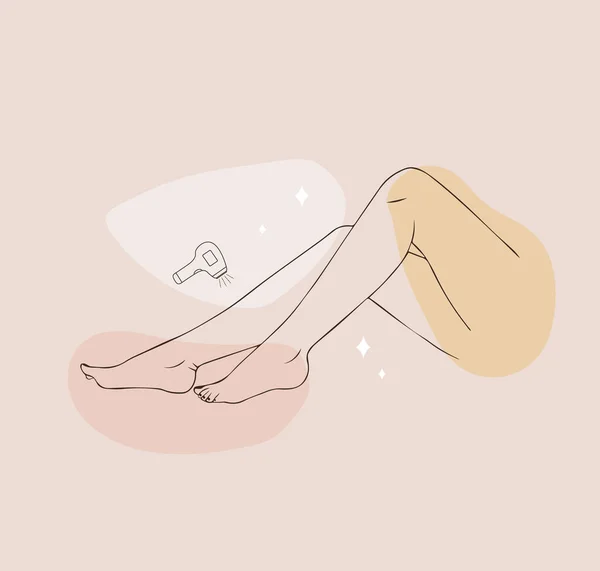 Lazer epilasyon ve kozmetoloji. Dişi pürüzsüz bacaklar. Saç çıkarma prosedürü. Cilt bakımı ve SPA konsepti. Zarif ayakların modaya uygun minimalist bir şekilde yansıtılması. Doğrusal logo