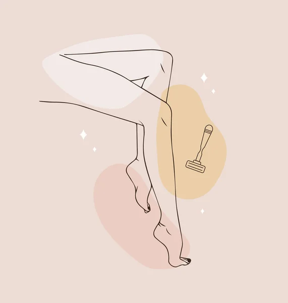 Gambe lisce femminili. Depilazione. Epilazione laser e cera. Vector Illustrazione di piedi eleganti in uno stile minimalista alla moda. Logo lineare per studio di bellezza o salone di zucchero. concetto di cura della pelle — Vettoriale Stock