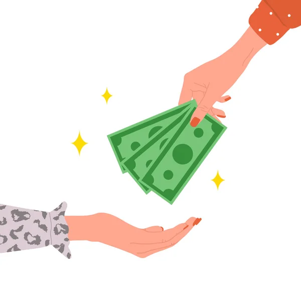 转移资金。女性的手发放绿色钞票。捐赠、慈善或发薪日的概念。财务符号。银行或商业服务。平面卡通风格的矢量插图 — 图库矢量图片
