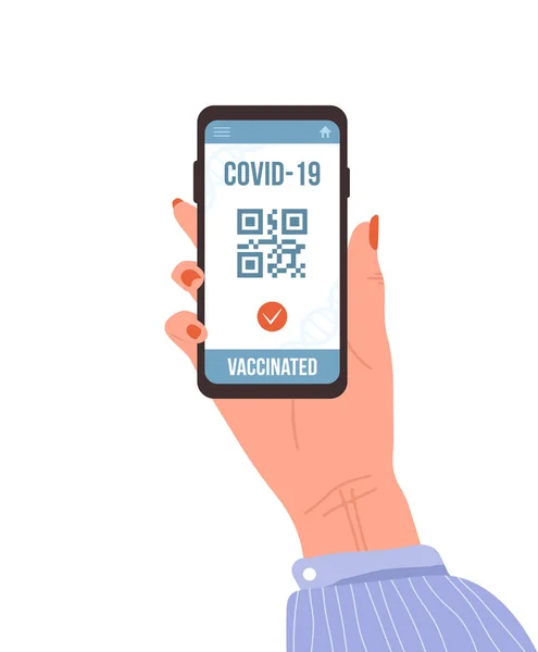 带有疫苗护照的QR代码。检查covid -19的安全性。女性手持智能手机并在数字屏幕上显示电子结果。平面卡通风格的矢量插图 — 图库矢量图片