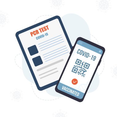 Aşı pasaportlu soru cevap kodu. Akıllı telefon ekranında elektronik sonuçlar. PCR testi. Covid-19 'dan güvenlik kontrolü. Seyahat için yeni bir normal. Çizgi film tarzında vektör illüstrasyonu