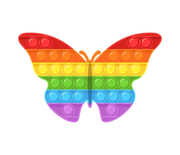 Ponlo nervioso. Juguete sensorial de moda. Mariposa en forma de juego de niños antiestrés. Colorido juguete de mano con burbujas de empuje. Ilustración vectorial en estilo plano de dibujos animados — Vector de stock