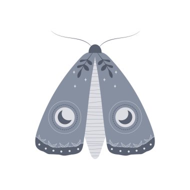 Boho güvesi. Göksel elementlere sahip bir böcek. Cadı ve sihirli sembol. Bohem tarzında soyut el çizimi vektör çizimi