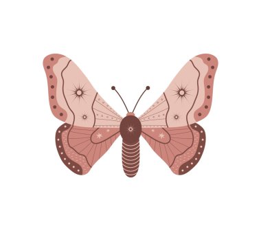 Boho kelebeği. Göksel elementlere sahip bir böcek. Cadı ve sihirli sembol. Soyut el çizimi güve. Bohem tarzında vektör illüstrasyonu