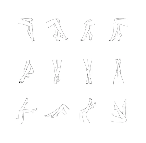 Female legs collection. Hand drawn linear woman feet in different poses. Vector Illustration of elegant icons in a trendy minimalist style — Stock Vector