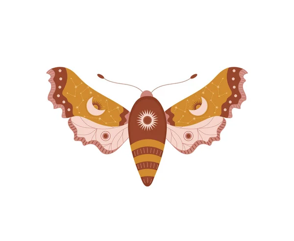 Boho-Schmetterling. Insekt mit himmlischen Elementen. Hexe und magisches Symbol. Abstrakte handgezeichnete Motte. Vektorillustration im Bohème-Stil — Stockvektor