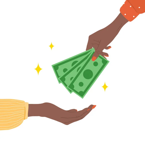 Перевод денег. Африканская женская рука дает зеленые купюры. пожертвования, благотворительность или зарплата концепции. финансовый символ. банковские или бизнес-услуги. векторная иллюстрация в плоском стиле мультфильма — стоковый вектор