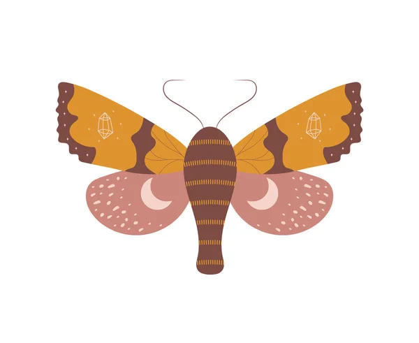 Boho-Schmetterling. Insekt mit himmlischen Elementen. Hexe und magisches Symbol. Abstrakte handgezeichnete Motte. Vektorillustration im Bohème-Stil — Stockvektor