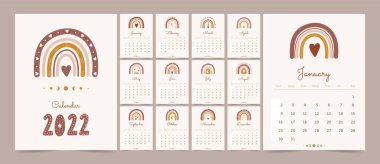 Cute calendar 2022 with boho rainbow for children. Cartoon vector illustration. Template in scandinavian style.