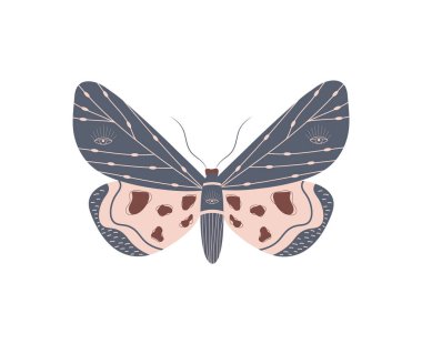 Boho kelebeği. Göksel elementlere sahip bir böcek. Cadı ve sihirli sembol. Soyut el çizimi güve. Bohem tarzında vektör illüstrasyonu