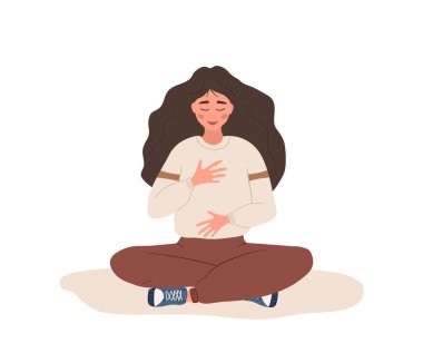 Abdominal solunum. Rahatlamak için karnından nefes almaya çalışan bir kadın. Nefes farkındalığı yoga egzersizi. Beden, akıl ve duygular için meditasyon. Ruhani uygulama. Düz çizgi film vektör çizimi