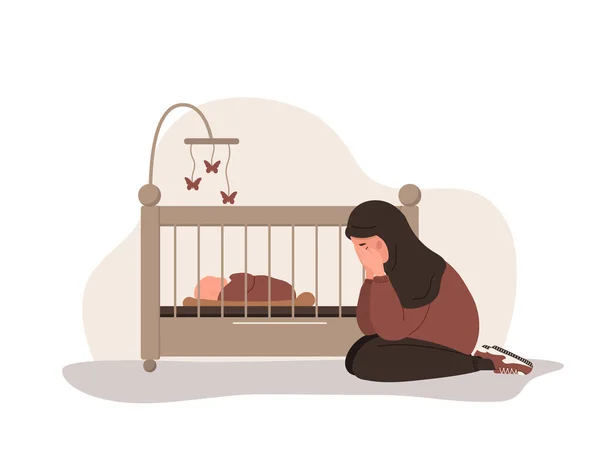 Postpartum depression. Arab tired woman is sitting on the floor near the cradle with a newborn baby. Young mother needs psychological help. Mood disorder. Vector illustration in flat cartoon style — Stock vektor