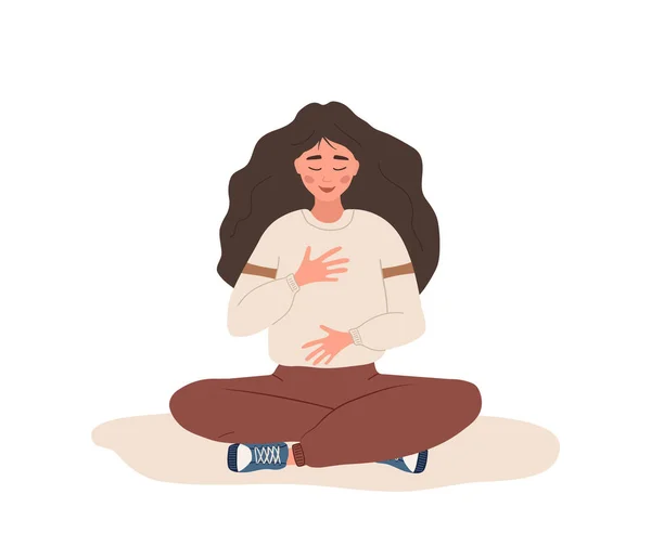 Abdominal solunum. Rahatlamak için karnından nefes almaya çalışan bir kadın. Nefes farkındalığı yoga egzersizi. Beden, akıl ve duygular için meditasyon. Ruhani uygulama. Düz çizgi film vektör çizimi