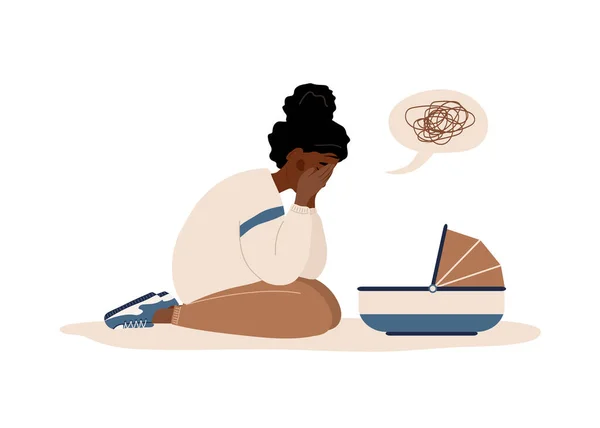 Postpartum depression. African tired woman leaning over newborn baby and covering face with hand. Young mother needs psychological help. Mood disorder. Vector illustration in flat cartoon style — Διανυσματικό Αρχείο