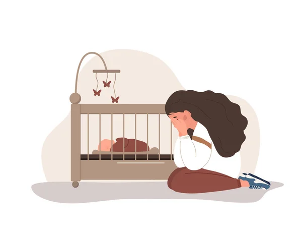 Depresión posparto. Triste mujer cansada sentada en el suelo, llorando y abrazando sus rodillas. La joven madre necesita ayuda psicológica. Trastorno del humor. Ilustración vectorial en estilo plano de dibujos animados — Vector de stock